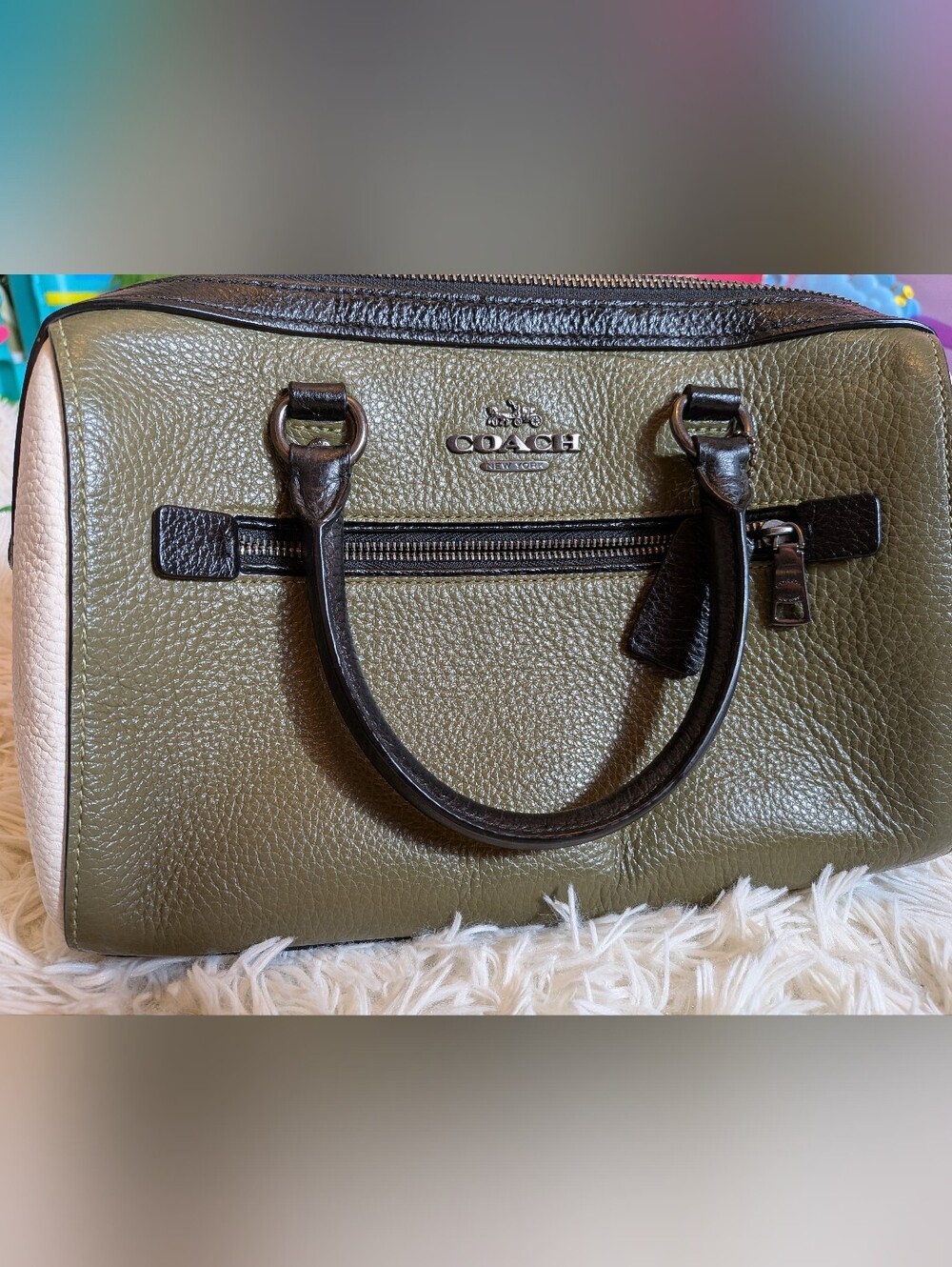 Coach Olive Green Pebbled Leather Satchel with Dark Brown Trim